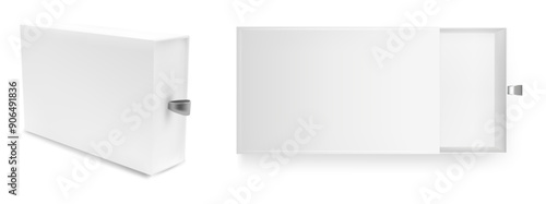 Gift slide box mockup. White cardboard drawer open package template set. Blank carton matchbox top view and close layout mock up. Luxury sliding jewelry pack presentation. Rectangle wrapper case