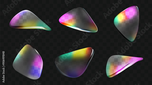 3d abstract holographic liquid prism shape set. Transparent fluid crystal hologram effect blob. Iridescent drop rainbow caustic. Futuristic neon refraction overlay collection for trendy music asset