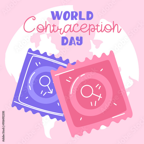 World Contraception Day. Contraceptives for safe sex male and female condom with earth. Methods of birth control. square blue, pink banner about sex education. Vector flat illustration