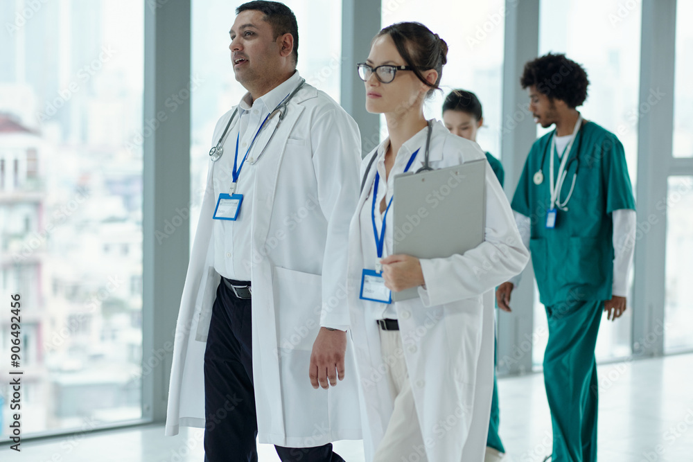Doctors in white coats walking along the hospital corridor