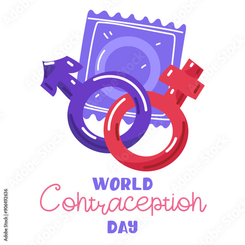 World Sexual Health Day concept background. Square banner. A flat illustration with contraceptives and male and female sex symbols in pink and blue on background of condom. Sex education, control