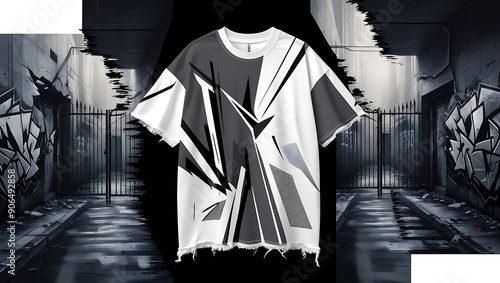 A T-shirt mockup with a streetwear aesthetic, featuring urban graffiti art and edgy, monochrome color palettes.