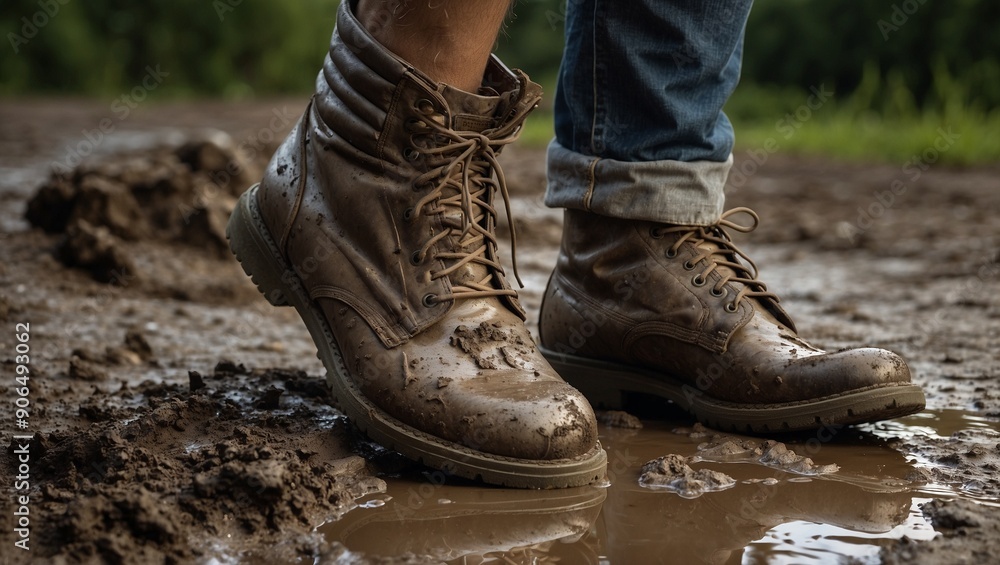 Close-up of muddy boots stepping into a mud puddle. Close-up of muddy boots stepping into a mud puddle.