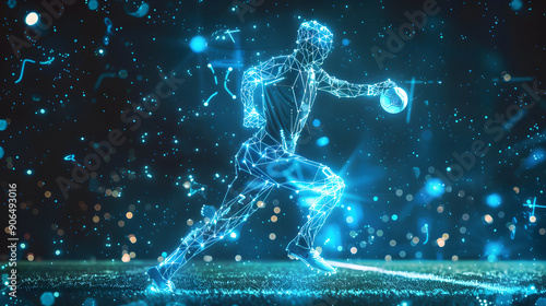 Blue digital soccer player with glowing data, artificial intelligence into athlete performance analysis and training, enhancing player skills, strategy, and overall team performance design