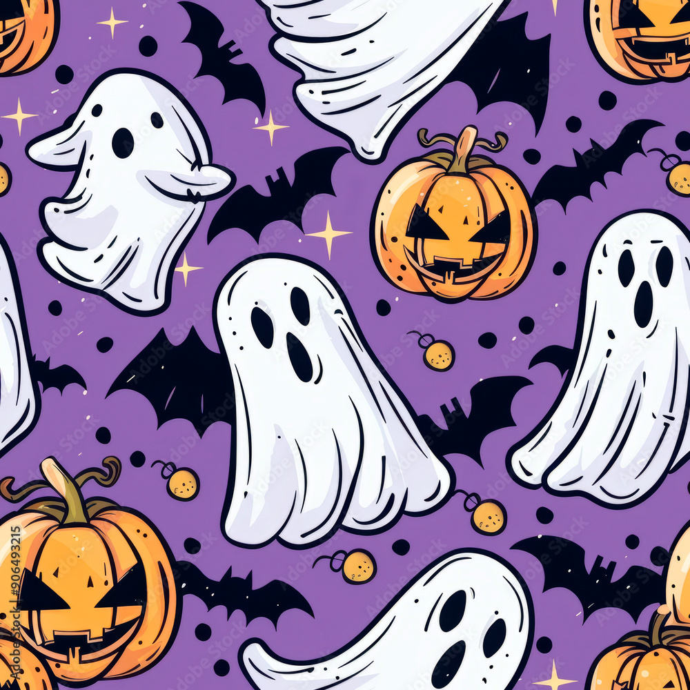 Illustration pattern of pumpkins, ghosts and bats over colorful background for Halloween theme. Illustration pattern of pumpkins, ghosts and bats over colorful background for Halloween theme.