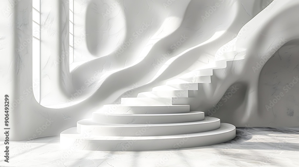 A modern minimalist staircase bathed in natural light, surrounded by a smooth, organic wall structure, suitable for architectural portfolios, interior design inspiration, or conceptual art projects, A modern minimalist staircase bathed in natural light, surrounded by a smooth, organic wall structure, suitable for architectural portfolios, interior design inspiration, or conceptual art projects,
