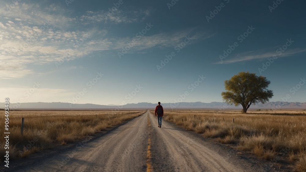 Person walking down an open, rural road towards horizon Person walking down an open, rural road towards horizon