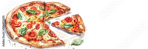 Fotografie Round sliced pizza without one piece, white background, watercolor illustration