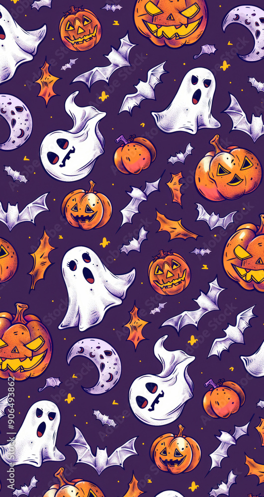Illustration pattern of pumpkins, ghosts and bats over colorful background for Halloween theme. Social media advertising template. Illustration pattern of pumpkins, ghosts and bats over colorful background for Halloween theme. Social media advertising template.