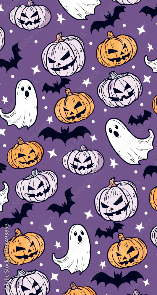 Illustration pattern of pumpkins, ghosts and bats over colorful background for Halloween theme. Social media advertising template. Illustration pattern of pumpkins, ghosts and bats over colorful background for Halloween theme. Social media advertising template.