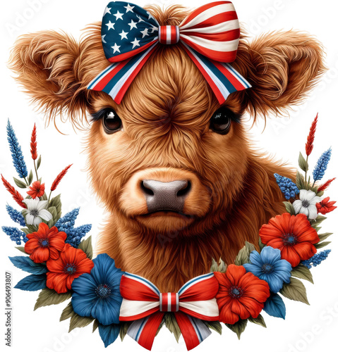 A cow with a red, white, and blue bow on its head. The cow is surrounded by flowers and is wearing a patriotic outfit