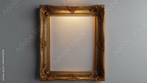 Ornate empty gold frame against a plain gray background