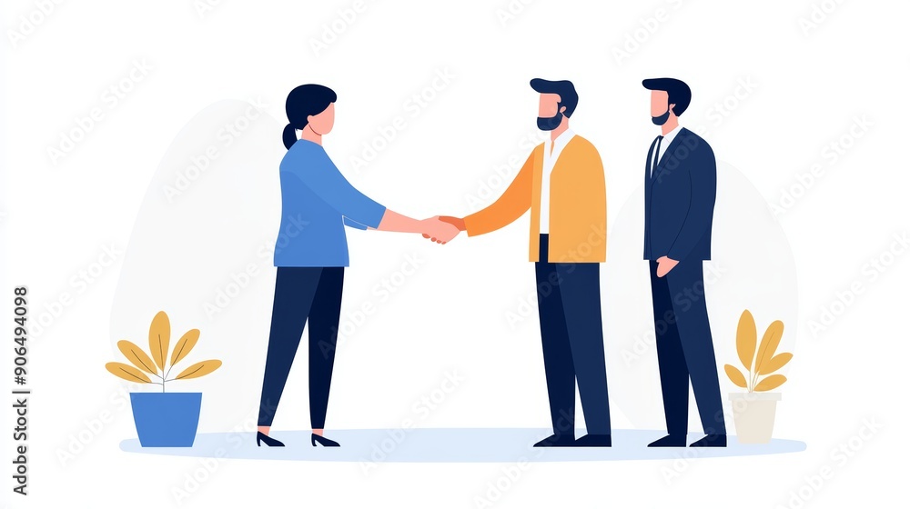 Leader shaking hands with diverse team members, modern office, flat design illustration, copy space for text, high-resolution photo, realistic photo Leader shaking hands with diverse team members, modern office, flat design illustration, copy space for text, high-resolution photo, realistic photo
