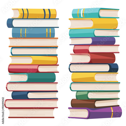 Two stacks colorful books various sizes orientations, educational concept. Tall piles hardcover books reading, knowledge, study theme. Vibrant book spines, illustration library bookstore background