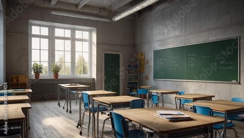 Empty classroom with blue chairs, wooden desks, and green board. photo