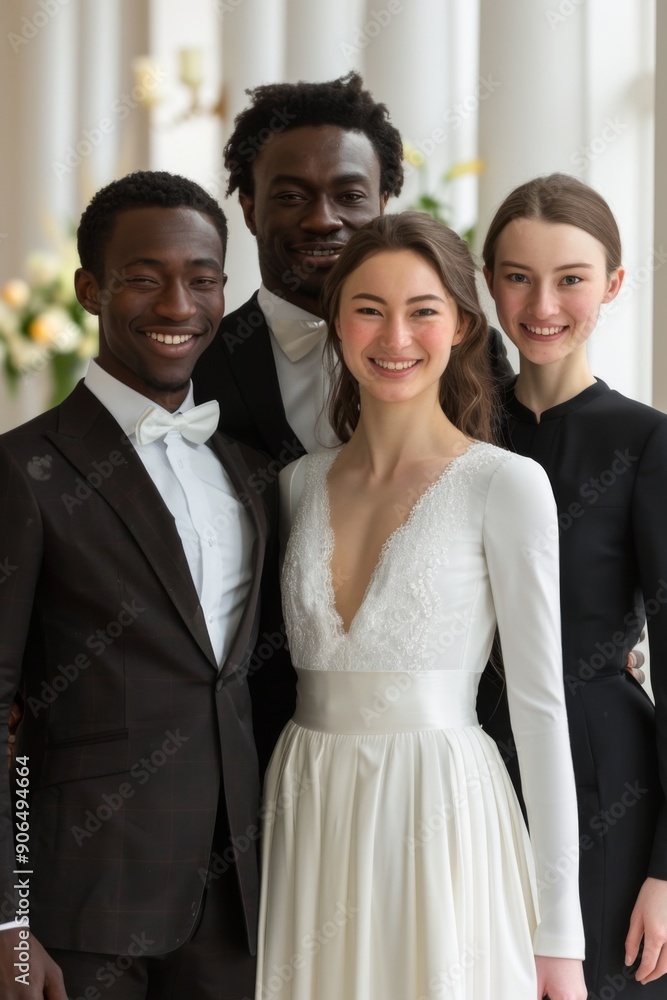 Diverse Wedding Party Smiling in Elegant Attire Diverse Wedding Party Smiling in Elegant Attire