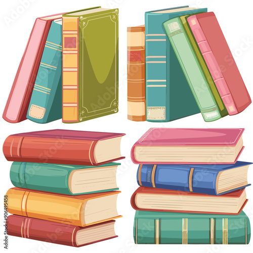Stacked colorful books standing upright piled horizontally. Bright collection various hardcover books, educational theme. Cartoon style book stack, isolated white background, learning concept