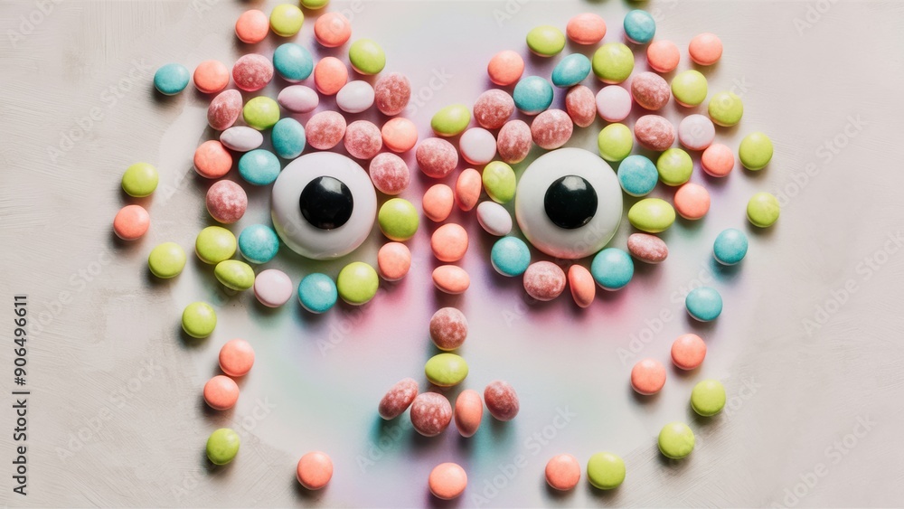 A picture of a face made out of candy with eyes and mouth, AI A picture of a face made out of candy with eyes and mouth, AI
