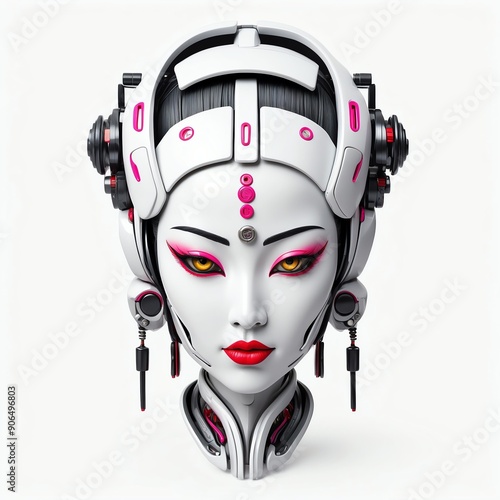 cyberpunk robotic geisha head 3d art logo in plain white background design digital artwork 124