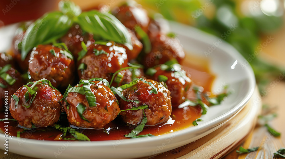 A close-up of the meatballs in sauce, garnished with fresh basil leaves and green chives on top, presented elegantly against a white plate background. Generative AI. A close-up of the meatballs in sauce, garnished with fresh basil leaves and green chives on top, presented elegantly against a white plate background. Generative AI.