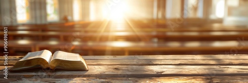 open bible on wooden table with blurred background of church pews and bright light from window, copy space for text  photo