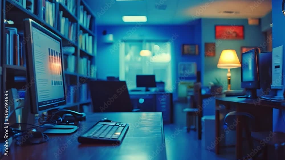 A close-up view of a desktop computer and keyboard on a desk, lit in ...