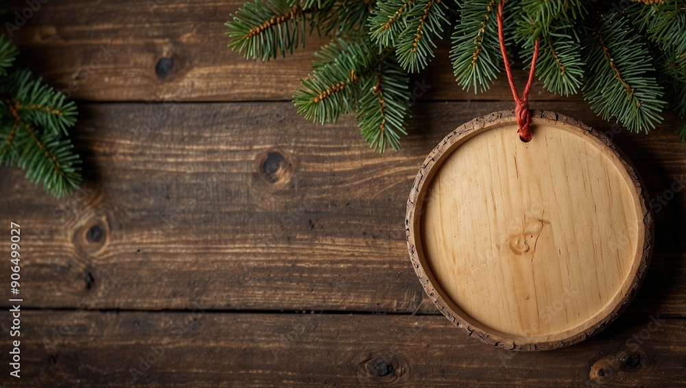 Blank empty round wood signs on green christmas tree branch, rustic wooden sign christmas mockup Blank empty round wood signs on green christmas tree branch, rustic wooden sign christmas mockup