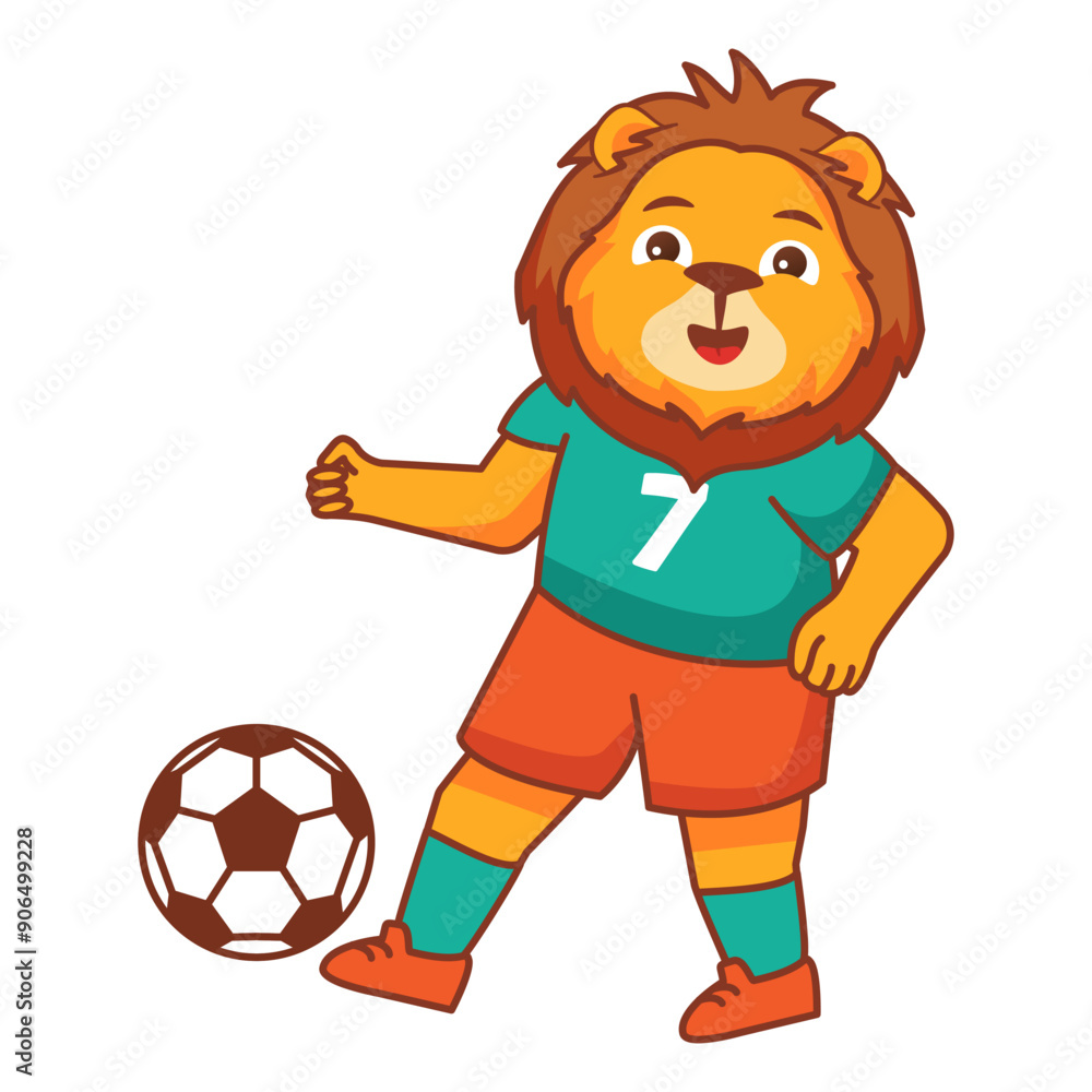 Fototapeta premium A lion football game. Score a goal.Draw paths for the ball. Cute animal.Soccer player.Isolated on white background.Character cartoon vector illustration.