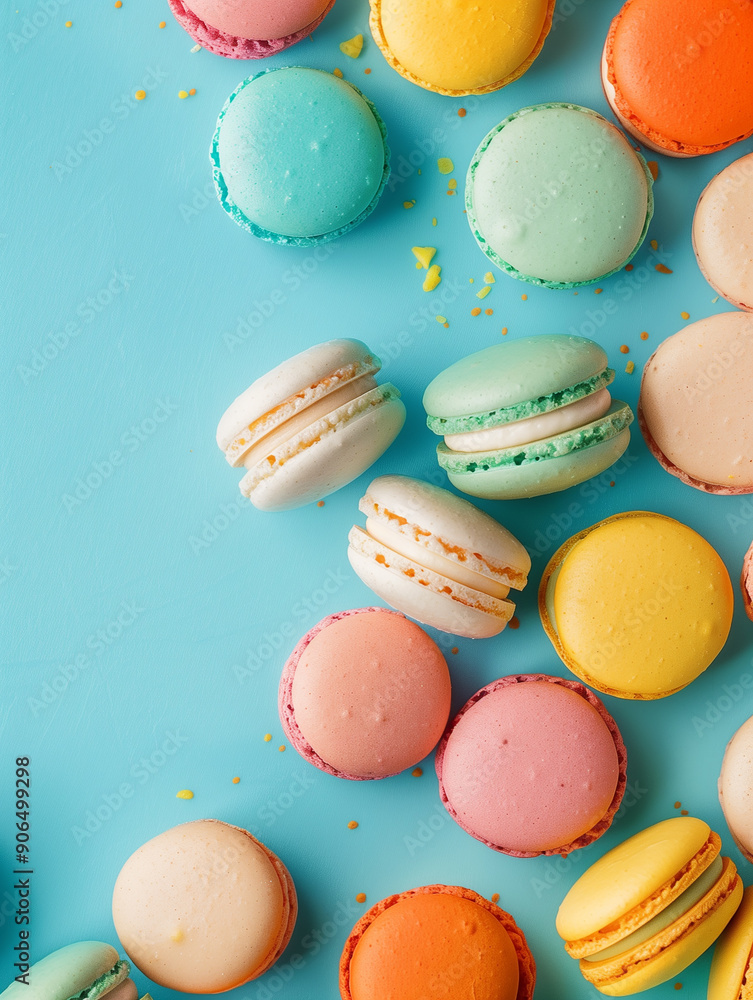 Fototapeta premium Colorful sweet fresh macaroons lie on a blue background. Dessert, pastries, cookies. A sweet delicious dessert, cookies with almonds. Copyspace. Yellow, pink, white and blue cookies.