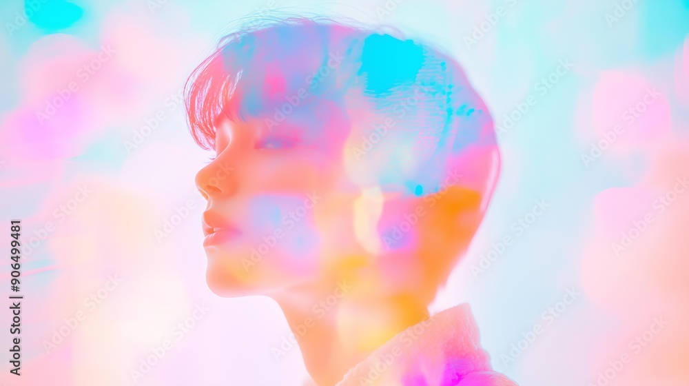 Abstract photo with blurred, colorful light reflections and a soft focus on a figure in the background, prismatic Abstract photo with blurred, colorful light reflections and a soft focus on a figure in the background, prismatic