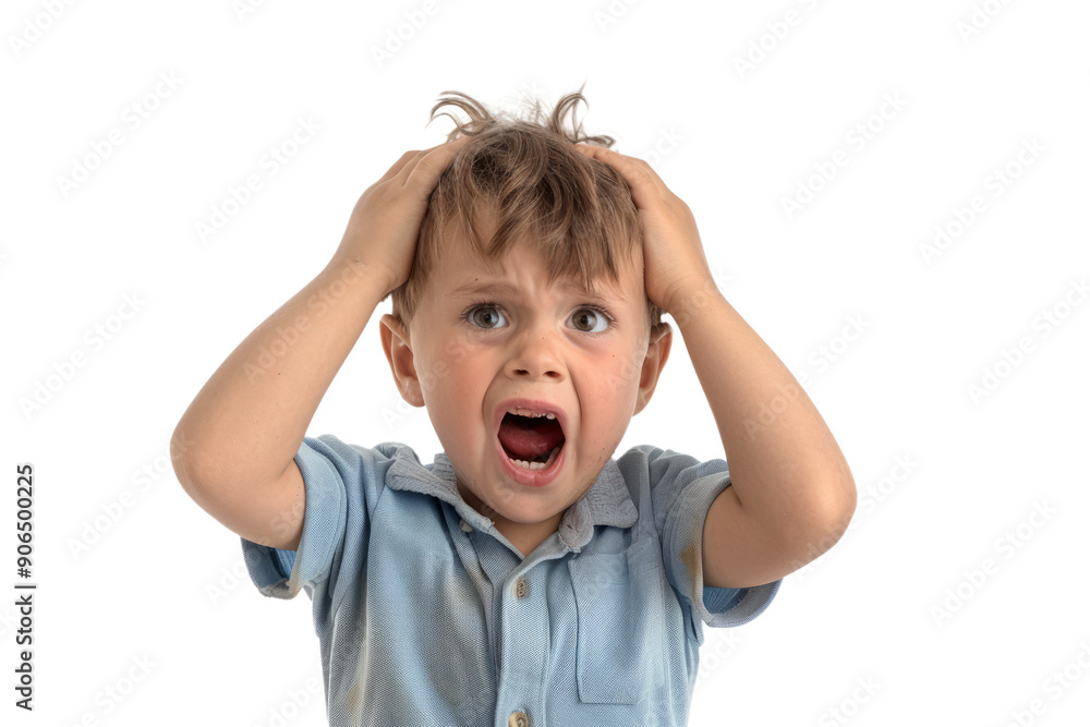 An upset little boy with an open-mouthed cry, holding his head with both hands An upset little boy with an open-mouthed cry, holding his head with both hands