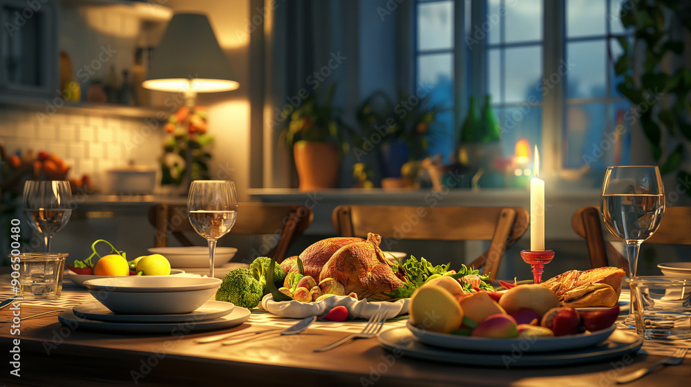 Dining table with food for a family meal Dining table with food for a family meal