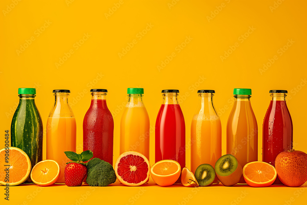 Bottles of Fresh Juices with Fruits on Yellow Background Bottles of Fresh Juices with Fruits on Yellow Background