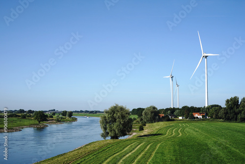 Landscape with wind turbines and the river IJssel between Arnhem and Westervoort, the Netherlands in July 2024
