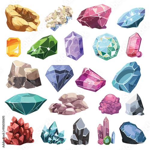 Collection different crystals gemstones, colorful minerals. Set various shapes colors, cartoon style gems. Precious stones game design, jewelry theme, fantasy treasure concept