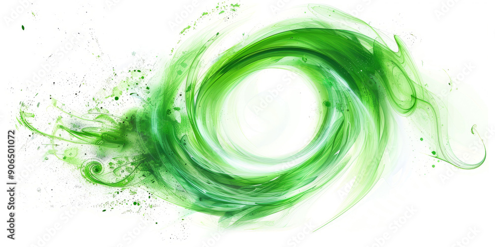 Fototapeta premium Dynamic green magical whirlwind, representing a powerful enchantment spell, on a clean white background.