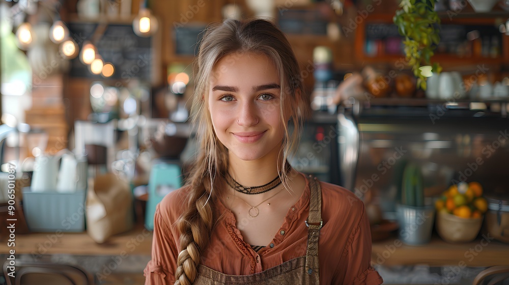 A portrait of an attractive young woman with braided hair, wearing overalls and standing behind the counter at her coffee shop business A portrait of an attractive young woman with braided hair, wearing overalls and standing behind the counter at her coffee shop business
