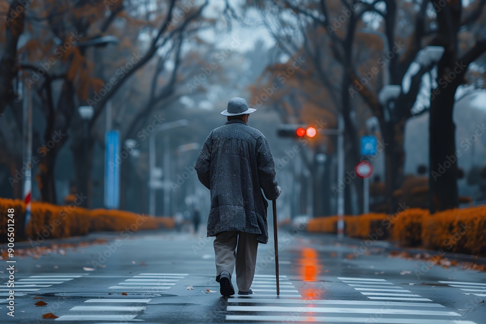 A Solitary Stroll: An Elderly Man Walking Through a Quiet Urban Street A Solitary Stroll: An Elderly Man Walking Through a Quiet Urban Street