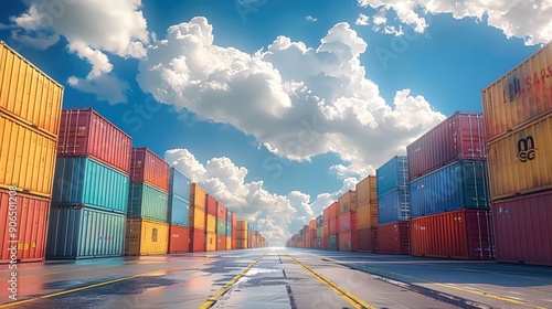 Wallpaper Mural A large harbor dock filled with colorful shipping containers under a clear blue sky and fluffy white clouds. Generative AI. Torontodigital.ca