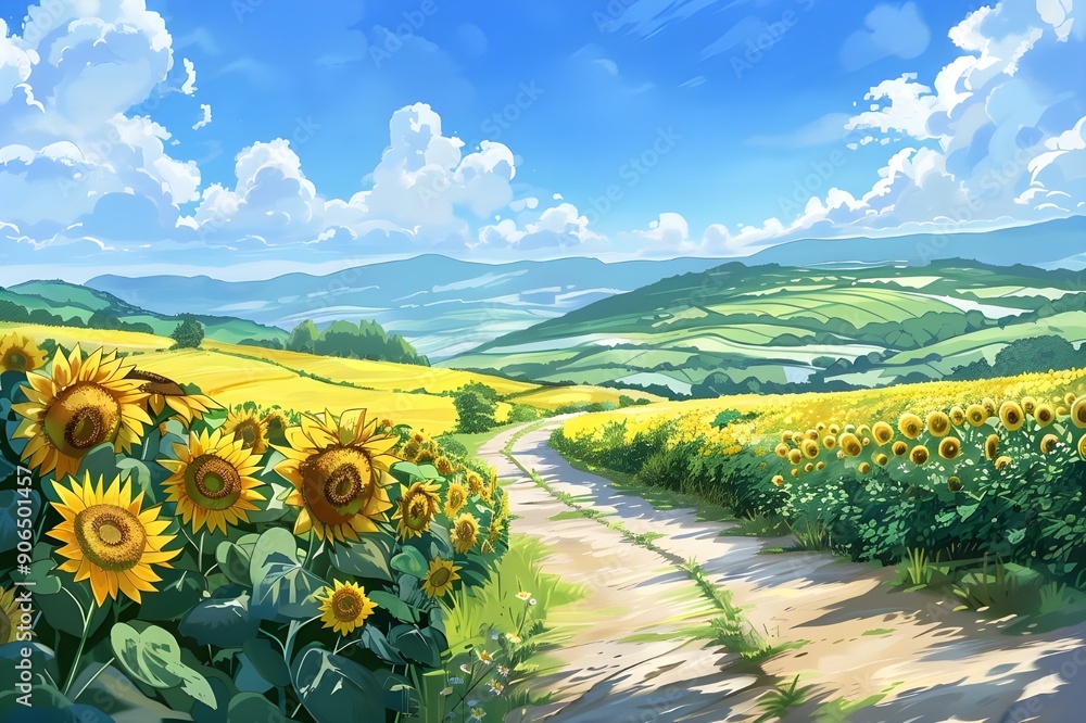 Fototapeta premium Sunflowers Field in Sunny Landscape