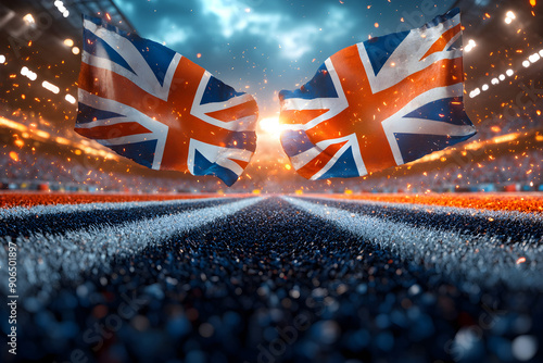 Exciting sports scene with English and Dutch flags in sunlight.