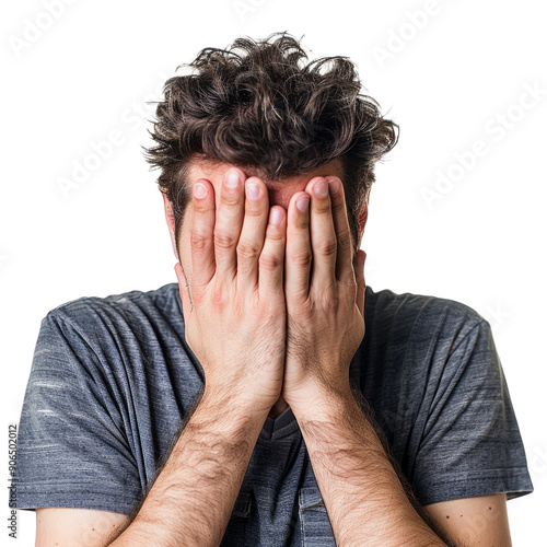 Man with his face partially obscured by hands, showing a moment of overwhelm, isolated on white.