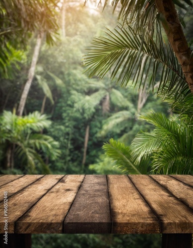 The empty rustic wooden plank table top with blur background of jungle. Exuberant image.