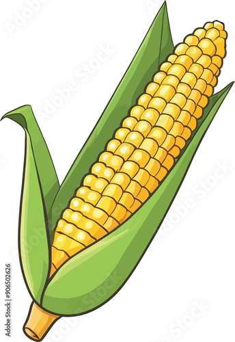 Corn with green leaves illustration on a white background