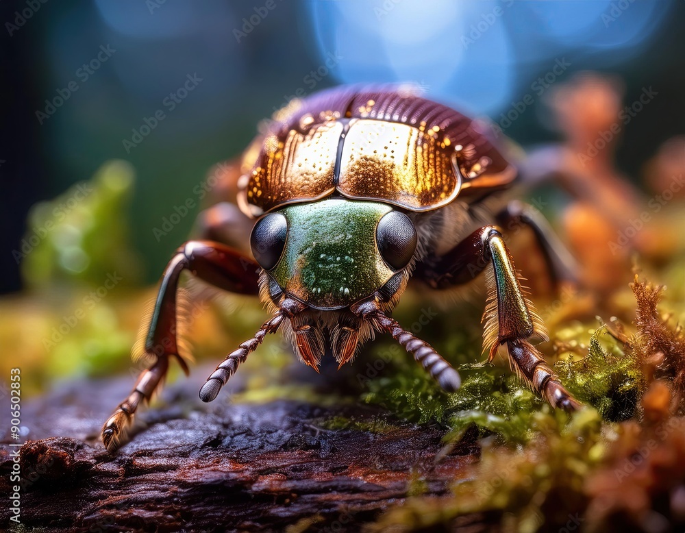 Close up of a metallic beetle with iridescent green and copper exoskeleton, showcasing its intricate details and textures against a blurred natural background Close up of a metallic beetle with iridescent green and copper exoskeleton, showcasing its intricate details and textures against a blurred natural background