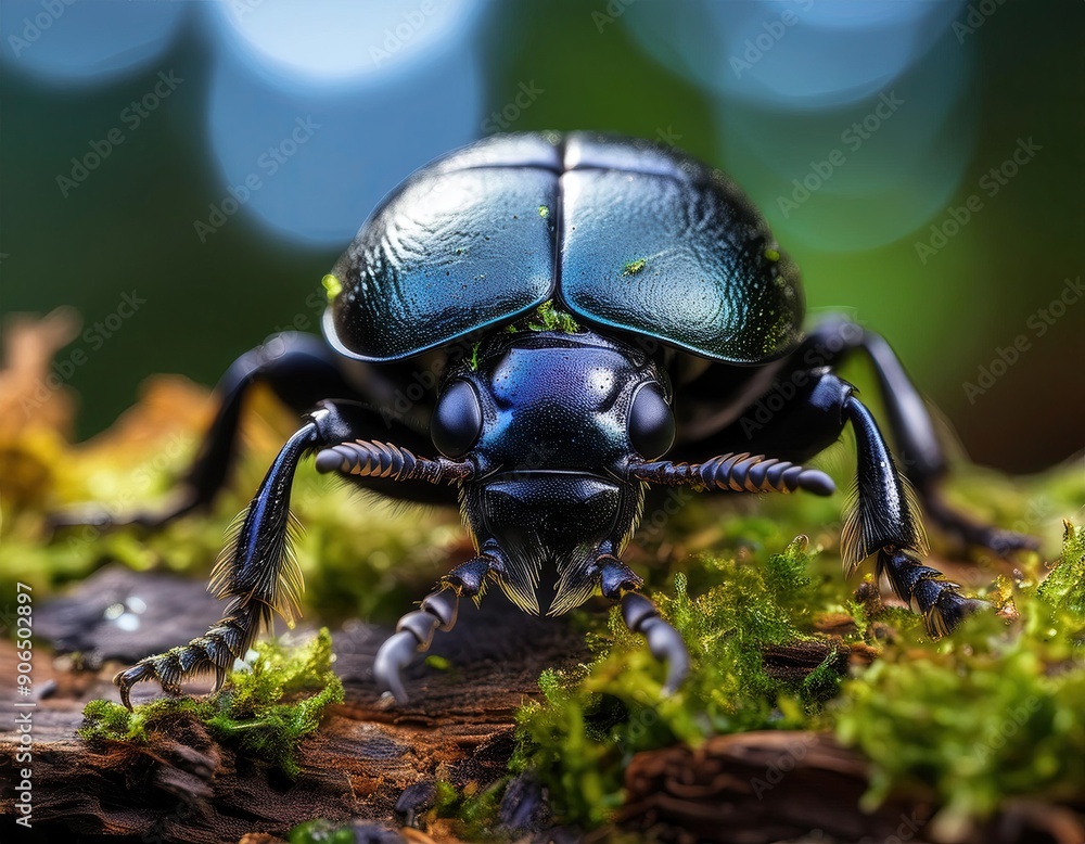 Shiny black beetle crawls on mossy bark in a forest on a sunny day, showcasing its intricate details and textures Shiny black beetle crawls on mossy bark in a forest on a sunny day, showcasing its intricate details and textures