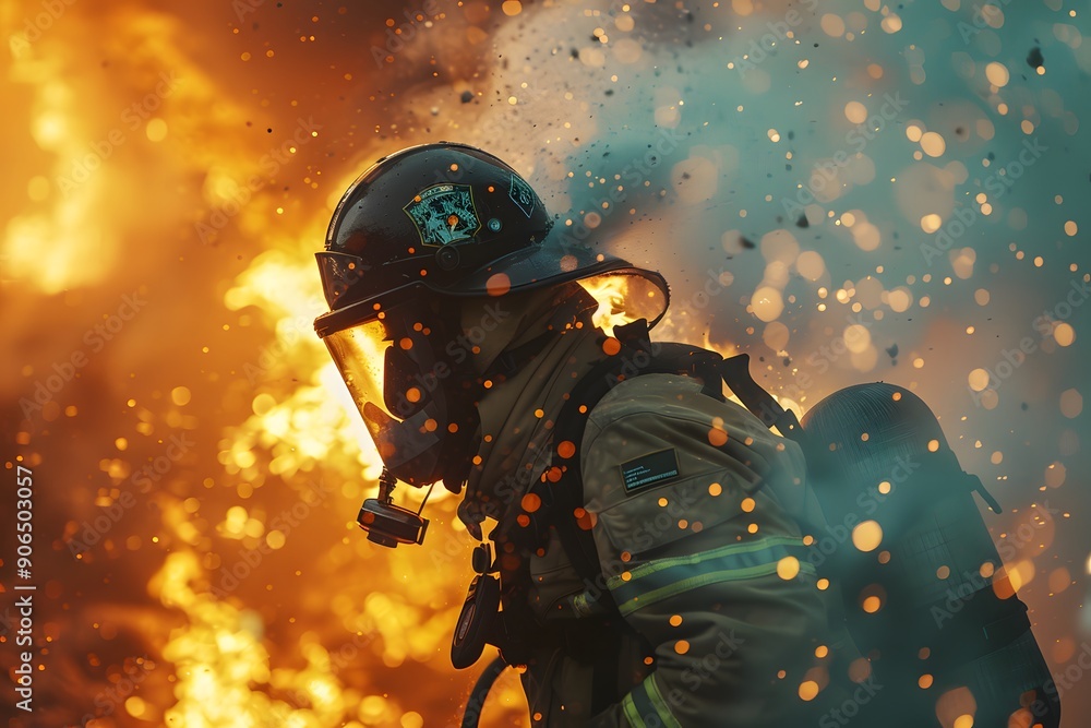 Fototapeta premium Brave Firefighter Battling Intense Flames Amidst Explosive Backdrop
