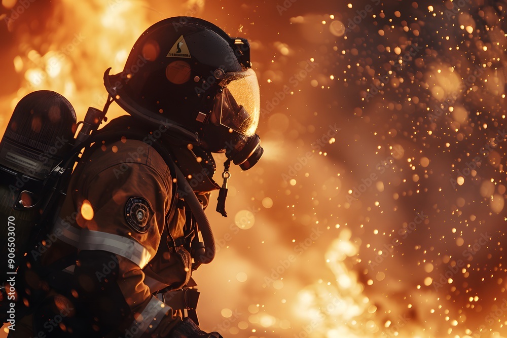 Brave Firefighter Battling Intense Flames in a Fiery Scene Brave Firefighter Battling Intense Flames in a Fiery Scene
