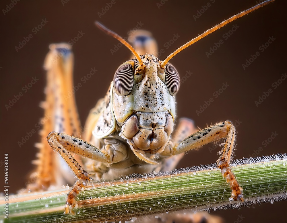 Macro photography capturing the intricate details of a grasshopper resting on a green stem, showcasing its fascinating anatomy Macro photography capturing the intricate details of a grasshopper resting on a green stem, showcasing its fascinating anatomy