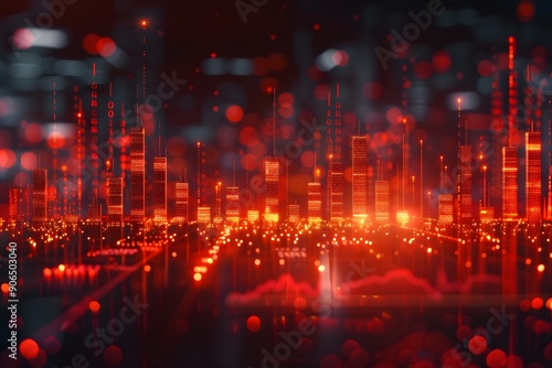 Futuristic Digital Cityscape with Red Data Visualization